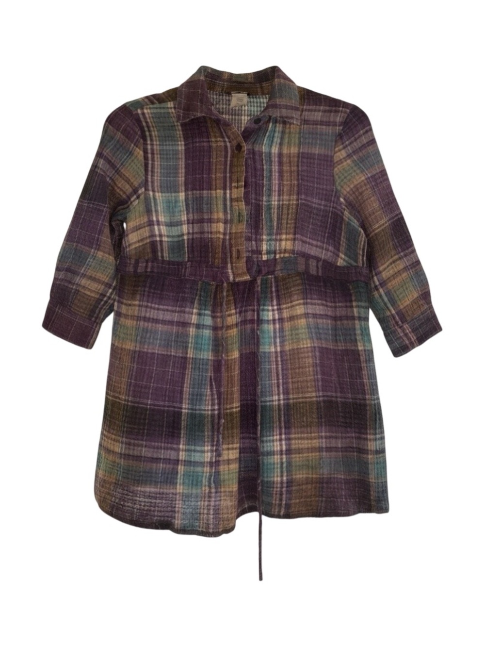 Blue Asphalt Plaid Button-Down Tunic in Purple, Teal, and Brown